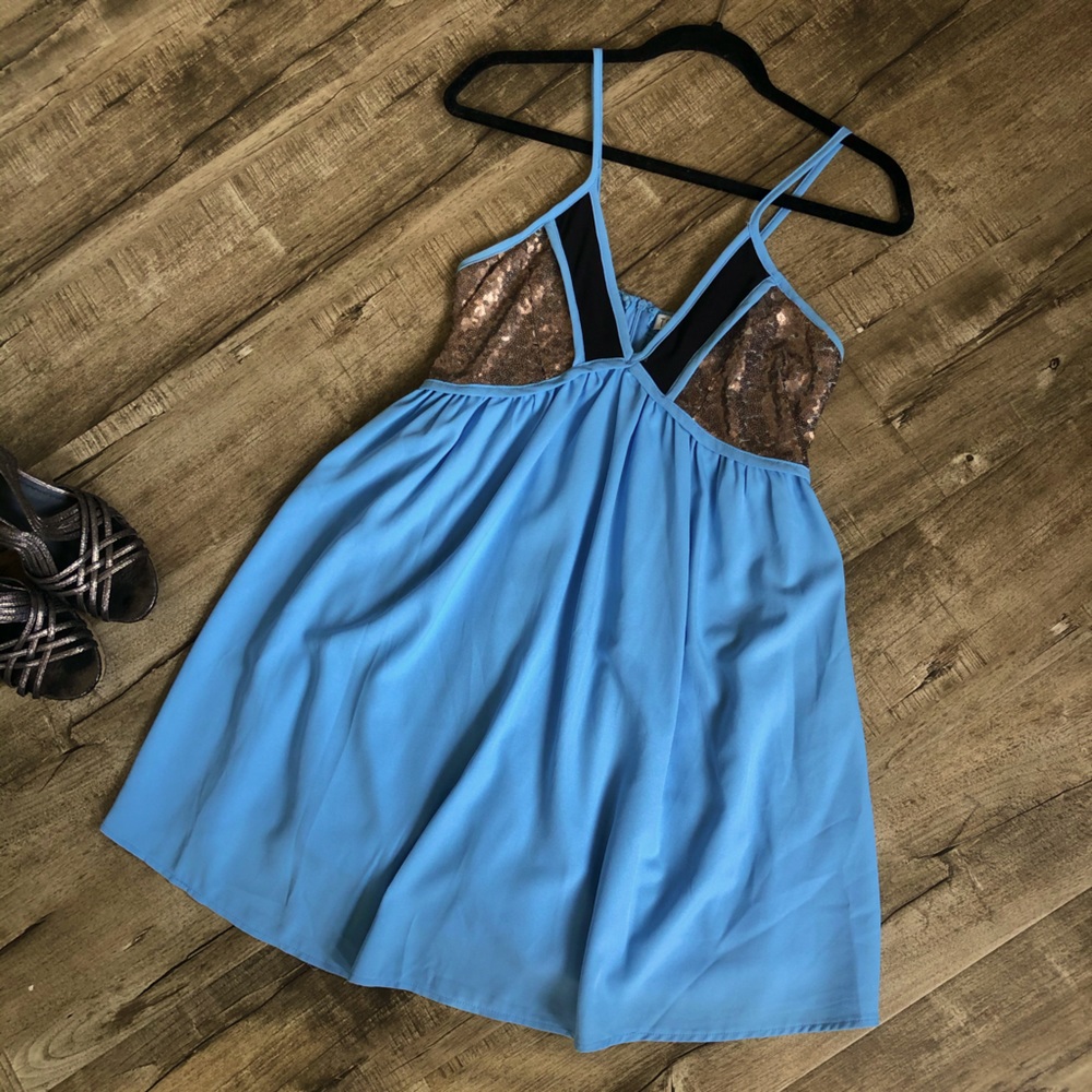 Tobi Blue Sequin Color-block Baby Doll Dress